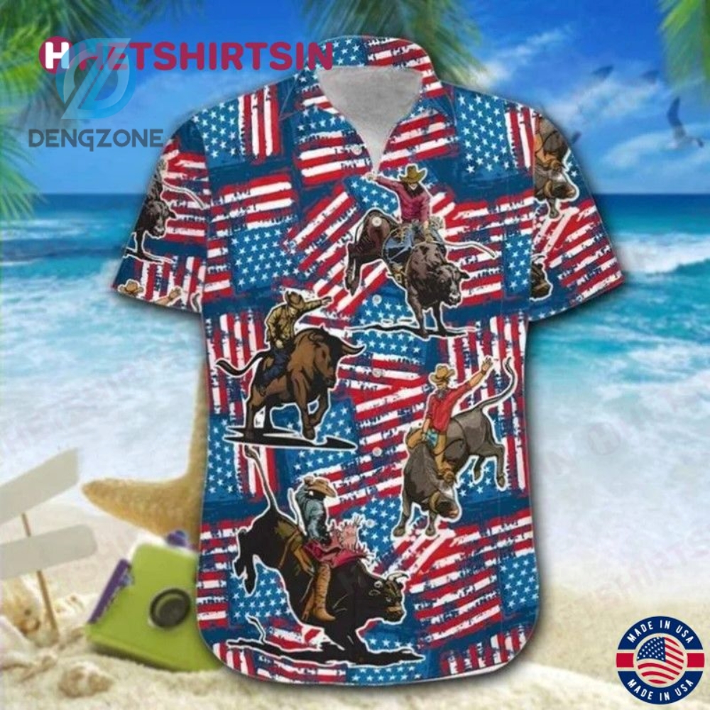 Cowboy Bull Riding Red White And Blue 4Th Of July Hawaiian Shirt