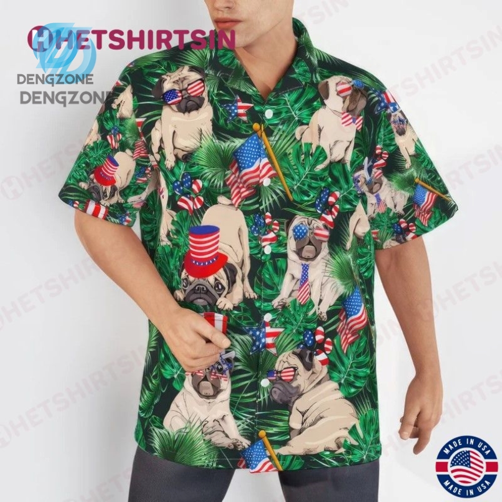 Cool Face Pug Dog 4Th Of July Green Hawaiian Shirt