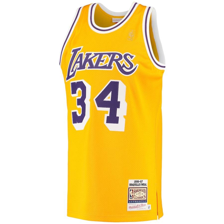 Shaquille Oneal Los Angeles Lakers Mitchell  Ness 199697 Hardwood Classics Authentic Jersey  Gold