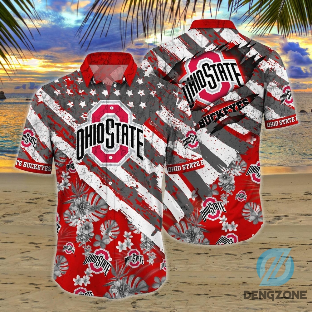 Ohio State 3D Hawaiian Shirt And Shorts Ohio State Buckeyes Tropical Flower And Flag Pattern