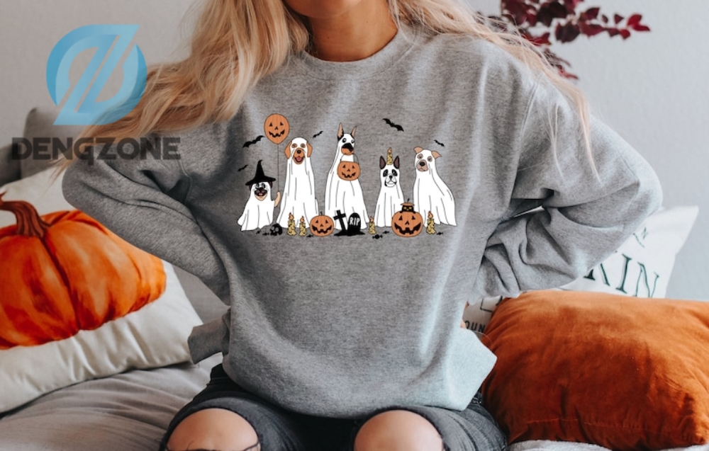 Comfort Colors Gost Dog Halloween Costomes Sweatshirt Halloween Sweater 2023 Happy Halloween Retro Spooky Season Ghost Sweatshirt