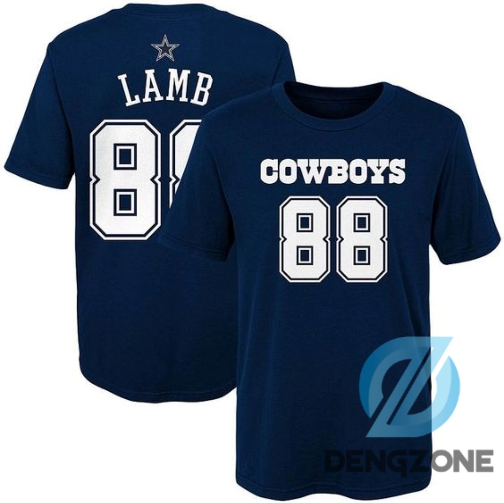 Custom Name And Number Dallas Cowboys Football Shirts Double Sided Preschool Ceedee Lamb Navy Dallas Cowboys Mainliner Player Name  Number Tshirt