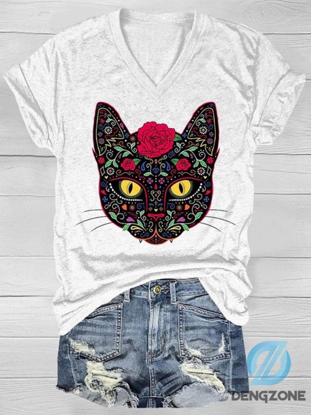 Vneck Day Of The Dead Cat Sugar Skull Tshirt Sugar Skull Cat Day Of The Dead Shirt Halloween Cat Shirts Cat Flower Skull Shirt