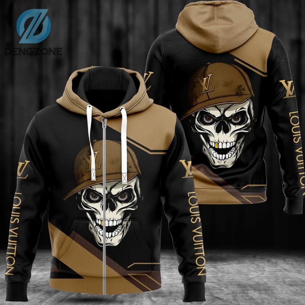 Louis Vuitton Skull Black Color Unisex Zipper Hoodie