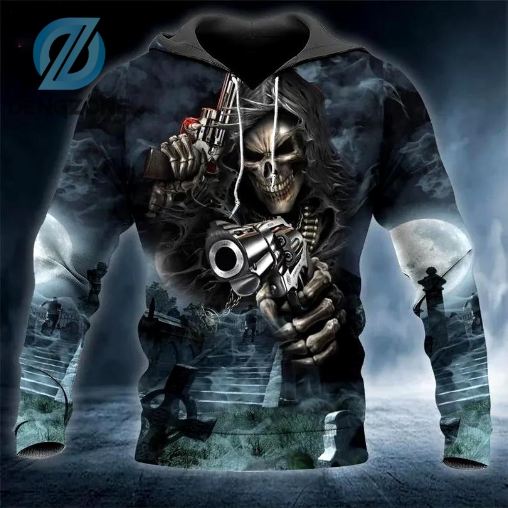 For Skull Lover  Assassin Grim Reaper With Guns Skull Unisex Hoodie